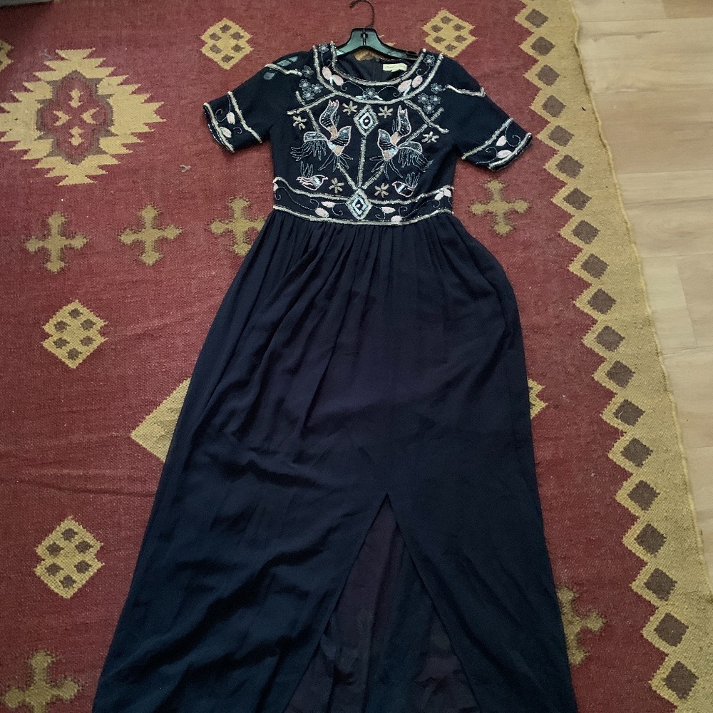 Beaded Embroidered Navy Blue Event Dress